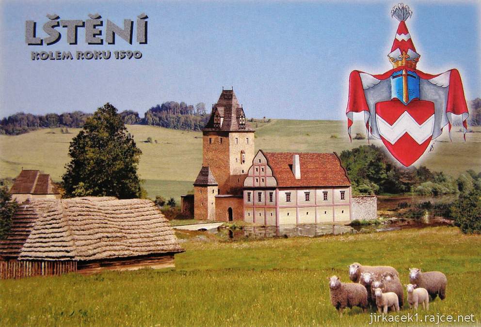 Lštění - středověká tvrz v roce 1590 na pohlednici z nakladatelství Putujme.cz